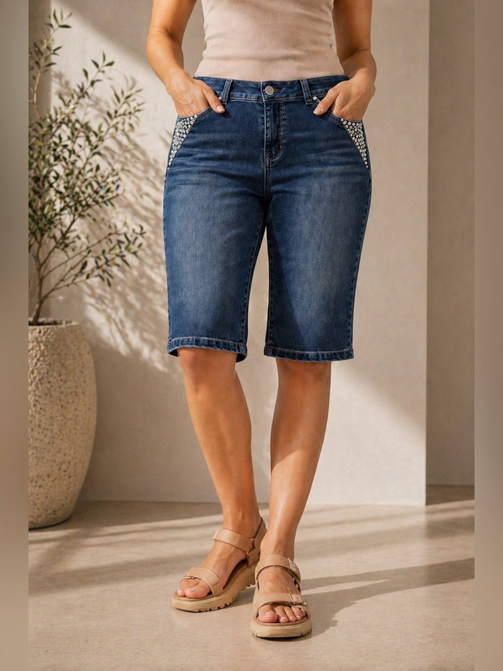 Style & Co Bermuda Shorts Size 12 Tummy Control Rhinestone Denim Knee Length NWT